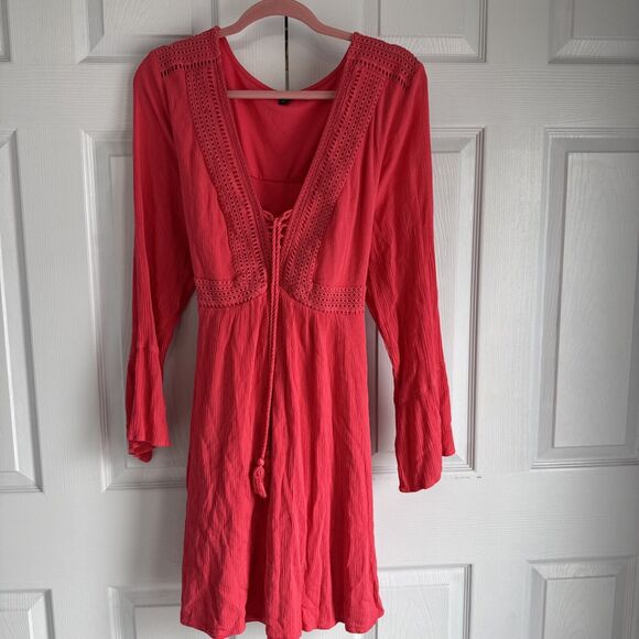 Torrid Women Midi Dress 3 Pink Crochet Bell Sleeve High Low Boho Comfy Casual - Picture 1 of 7